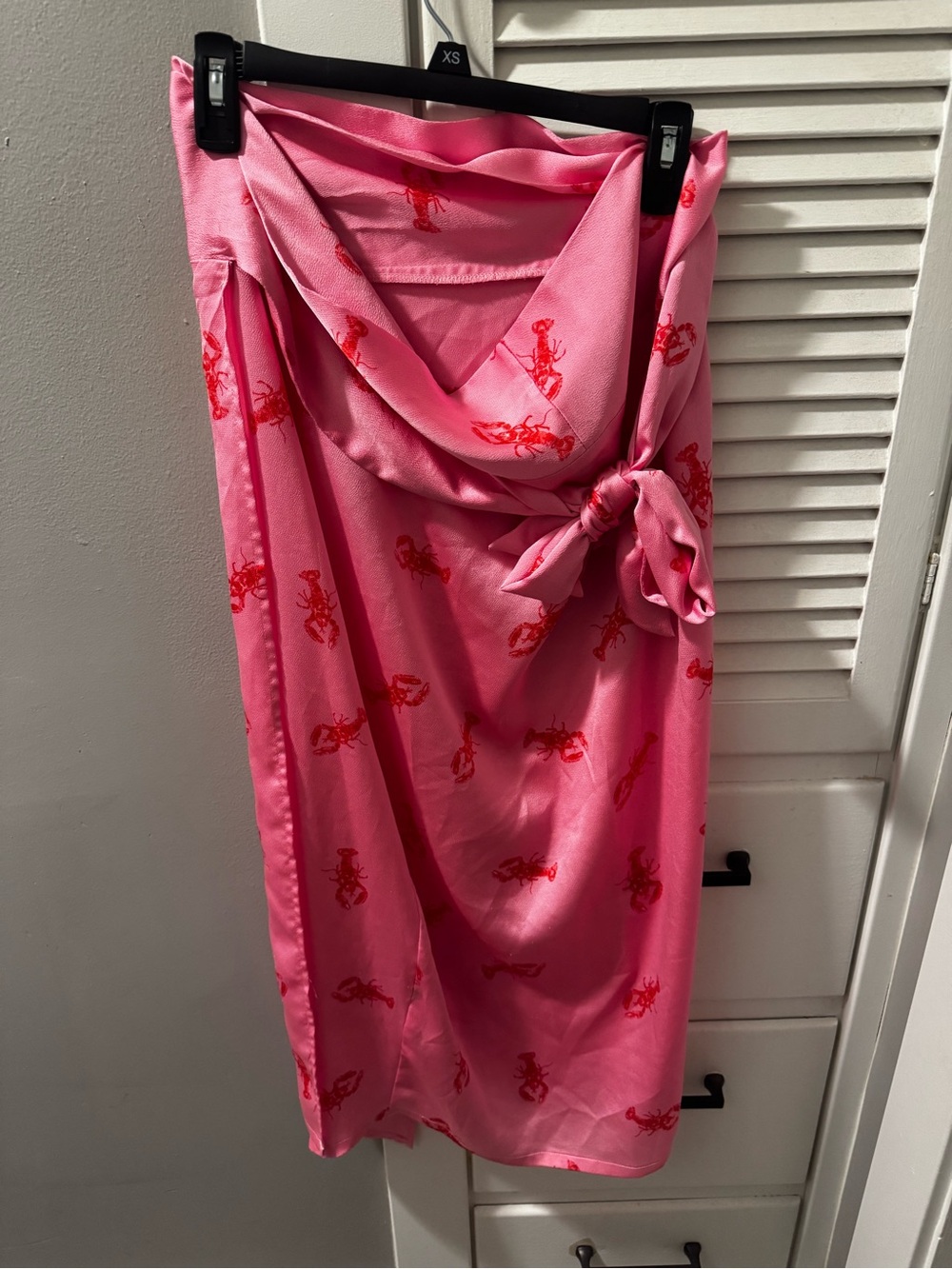 Never Fully Dressed Pink Midi Wrap Skirt with Red Lobster Print